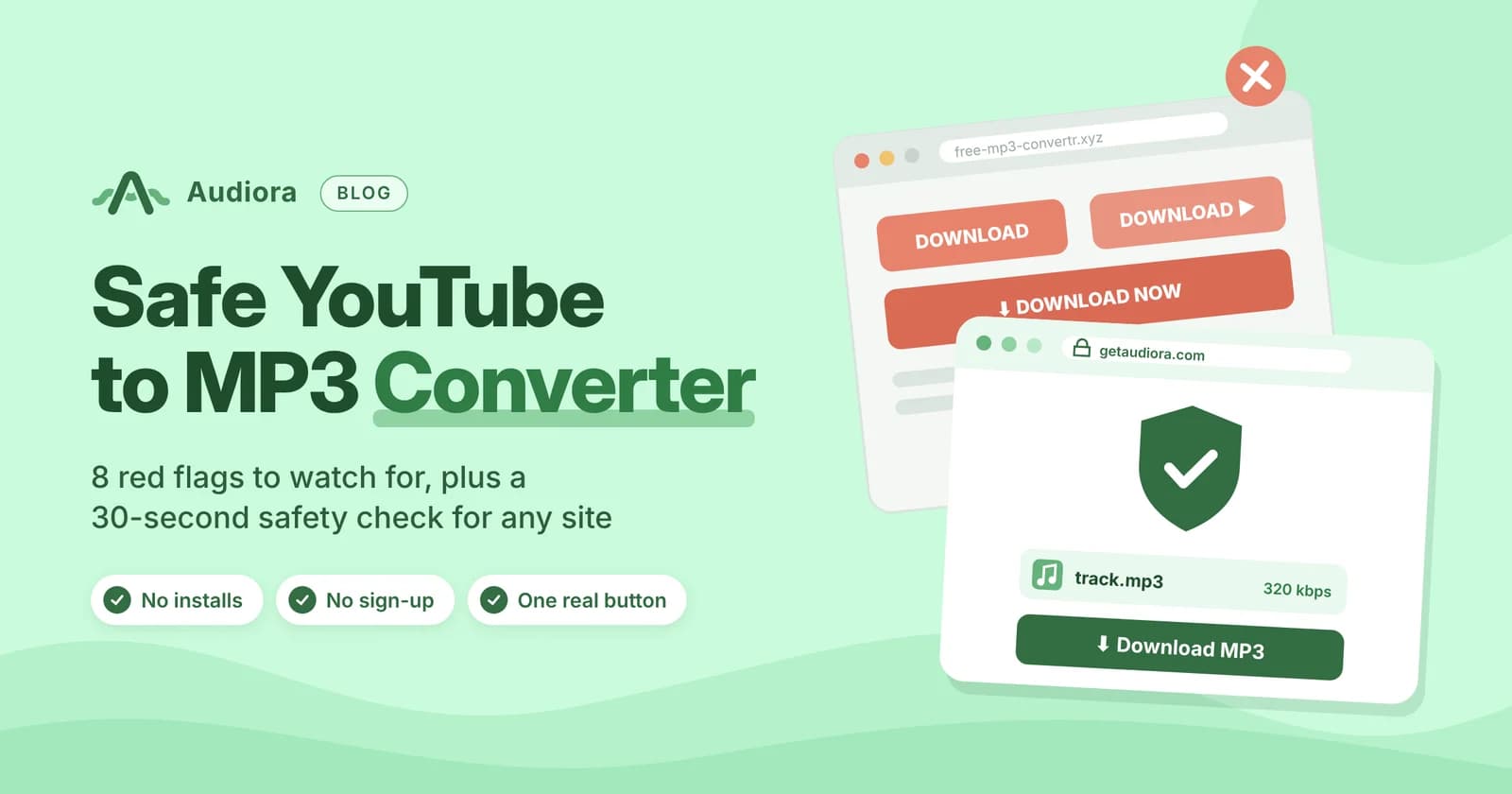 Unsafe vs safe YouTube to MP3 converter page